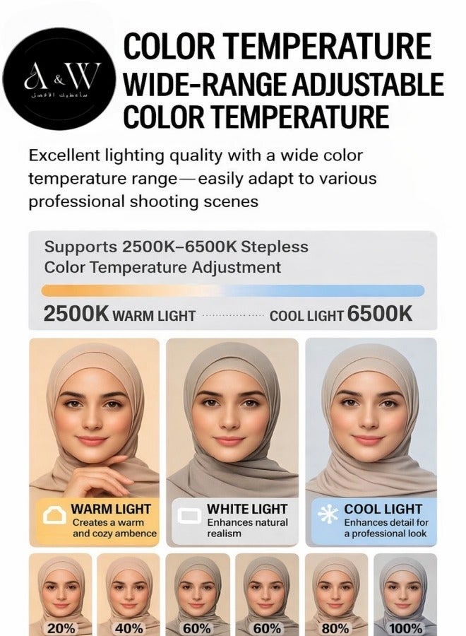 إيه آن د دبليو اضاءة تصوير احترافية رينج لايت مربع فيديو ريغ للجوال والكاميرا – مثبت يدوي، بطارية 8000mAh باور بانك (شحن عكسي)، 2500–6500K تحكم بدرجة اللون والسطوع، ريموت بلوتوث، حامل جوال، كشاف تصوير لـ TikTok وYouTube وتصوير المكياج والطعام والمنتجات - Image 3